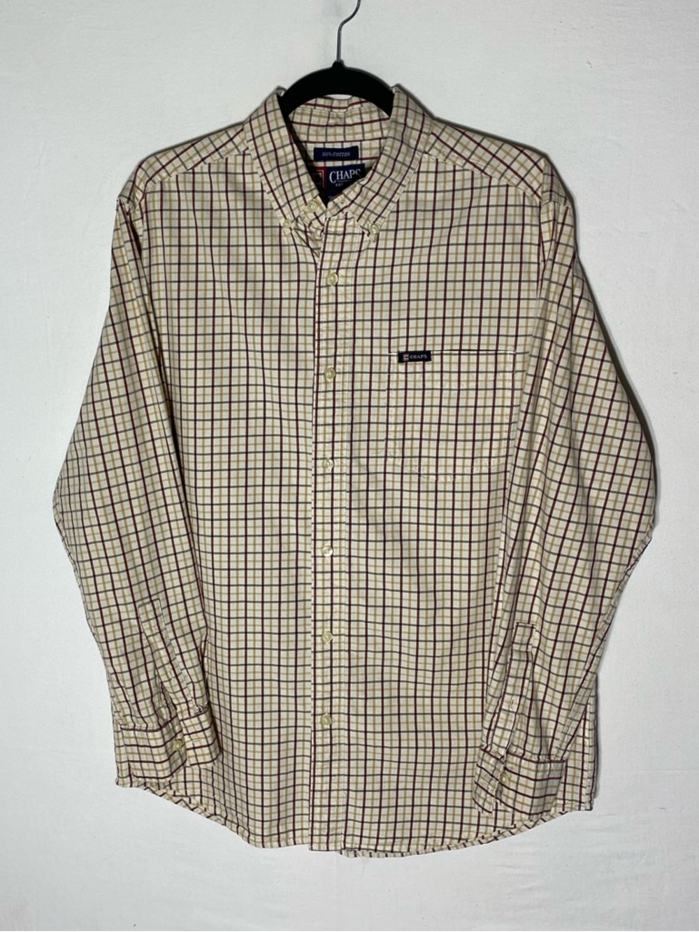 Chaps Beige Tattersall Check Plaid Button Down Shirt M Preppy Heritage Academia
